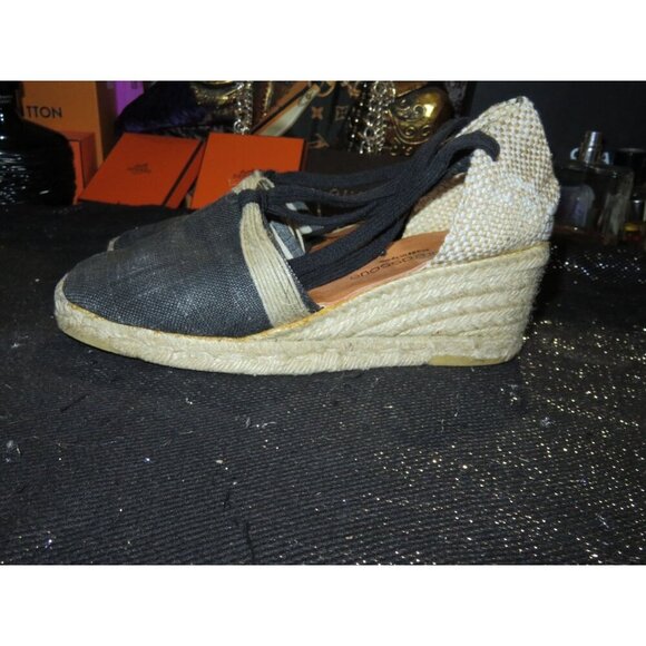 André Assous Boston Proper Fresco Black Linen Espadrille Wedges with Ankle Strap - Picture 1 of 11